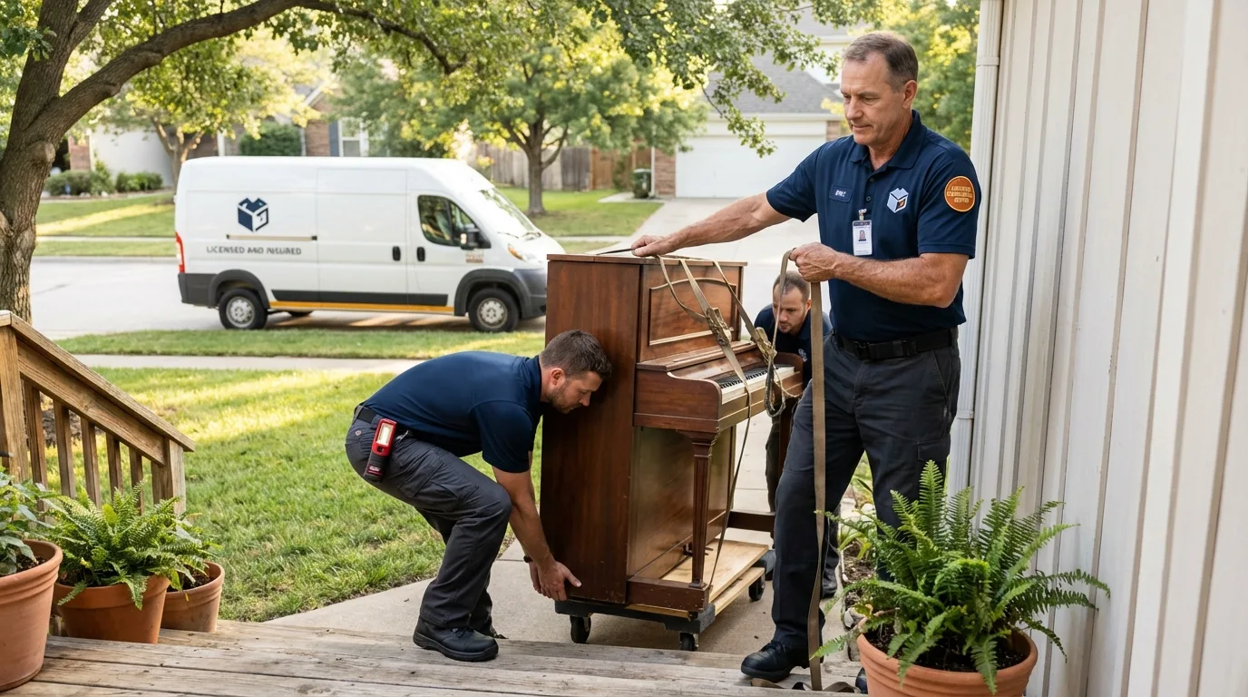 Licensed piano movers securing grand piano in Winner, SD