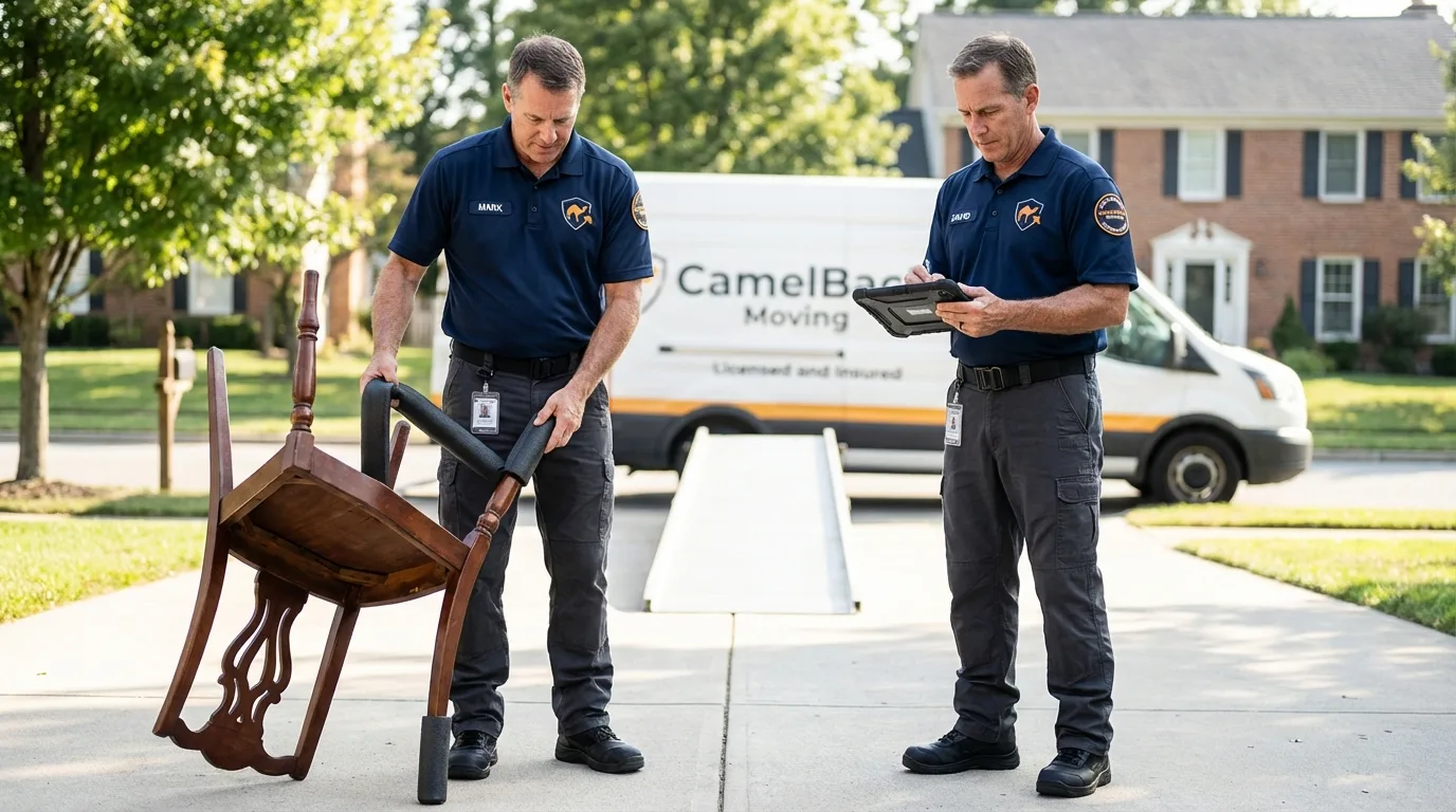 Movers inspecting furniture for damage prevention before loading in Winner, SD