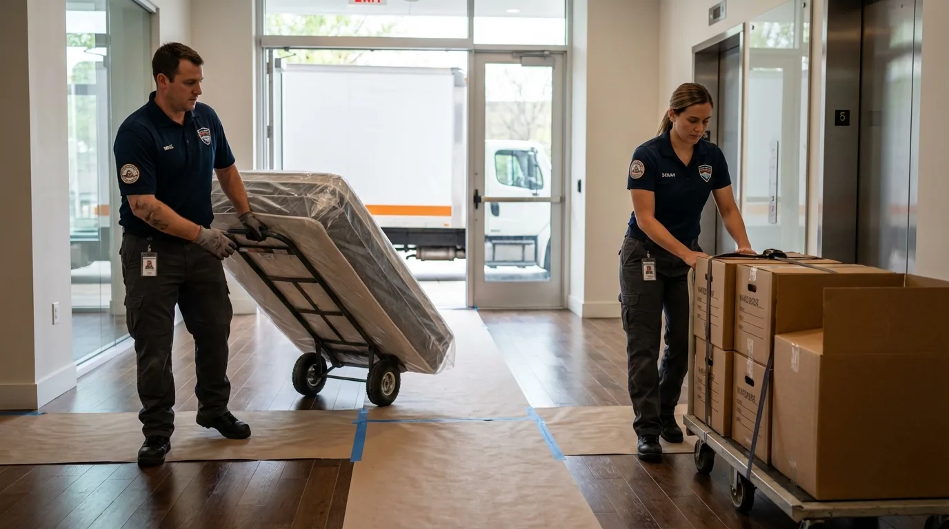Professional apartment movers loading elevator in Winner, SD
